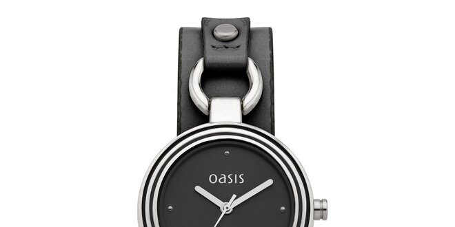 Dámské ocelové hodinky s černým koženým páskem Oasis