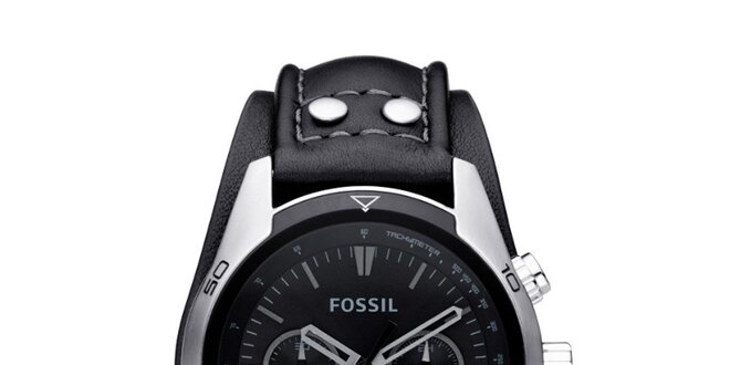 Pánské ocelové hodinky s černým koženým páskem Fossil