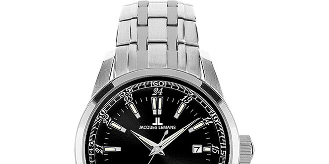 Dámské ocelové hodinky s kulatým černým ciferníkem Jacques Lemans