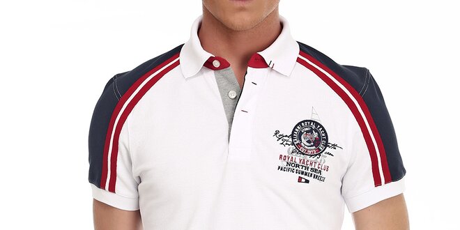 Pánské bílé polo tričko s červenými pruhy a výšivkou na hrudi Galvanni