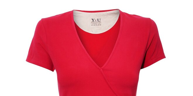 Dámské triko YU Feelwear s výstřihem do V v jahodové barvě