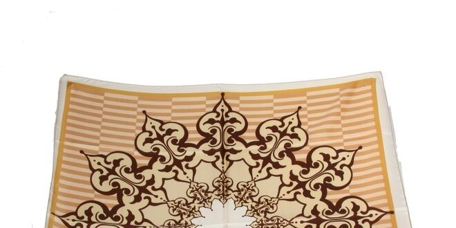 Dámský béžovo-hnědý hedvábný šátek Gianfranco Ferré s ornamentem