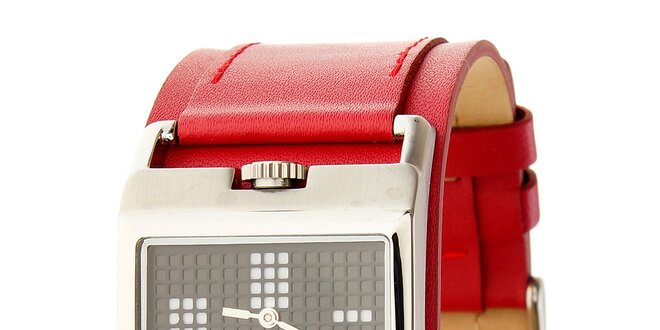 Dámské ocelové hodinky Axcent s červeným koženým řemínkem