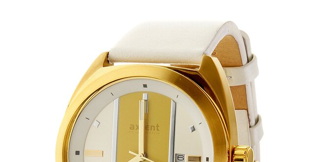 Dámské zlaté náramkové hodinky Axcent s bílým koženým řemínkem