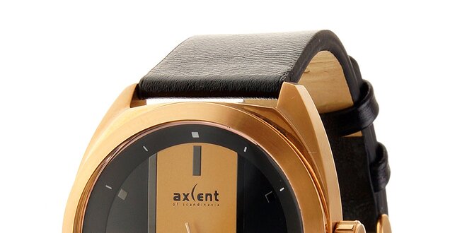 Dámské zlaté náramkové hodinky Axcent s černým koženým řemínkem