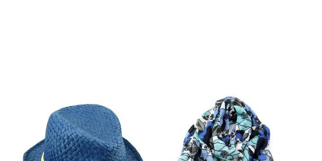 Dámský set - modrý květovaný šátek a slaměný klobouk Invuu London