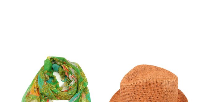 Dámský set - zelený šátek se vzorem a oranžový slaměný klobouk Invuu London