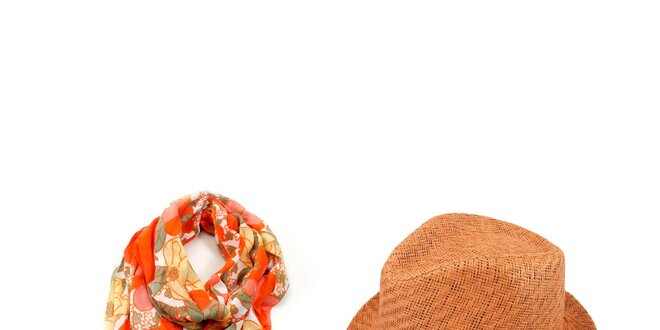 Dámský set - barevně vzorovaný šátek a oranžový slaměný klobouk Invuu London