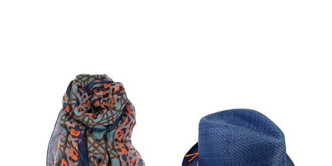 Dámský set - barevný šátek a modrý slaměný klobouk Invuu London