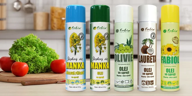 Kokosový, olivový i řepkový olej ve spreji