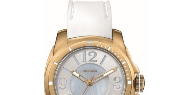 Dámské pozlacené ocelové hodinky s bílým silikonovým řemínkem Tommy Hilfiger