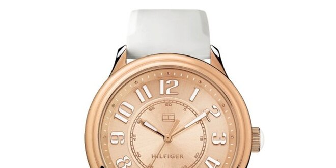 Dámské růžově zlaté ocelové hodinky s bílým řemínkem Tommy Hilfiger