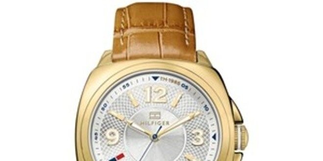 Dámské pozlacené ocelové hodinky s hnědým koženým řemínkem Tommy Hilfiger