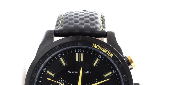 Pánské černé hodinky s koženým páskem Yves Bertelin