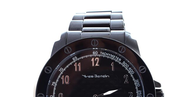 Pánské černé hodinky se zdobenou lunetou Yves Bertelin