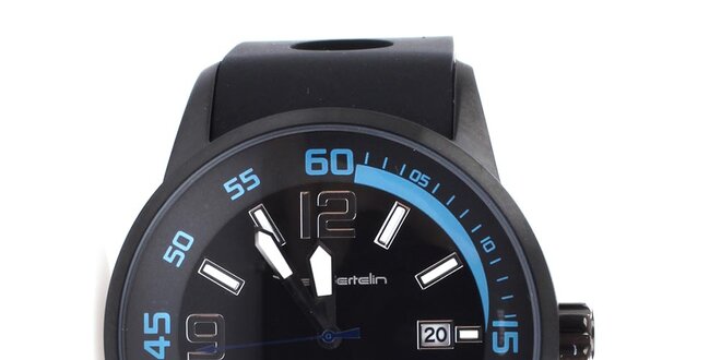 Pánské černé hodinky s modrými detaily Yves Bertelin