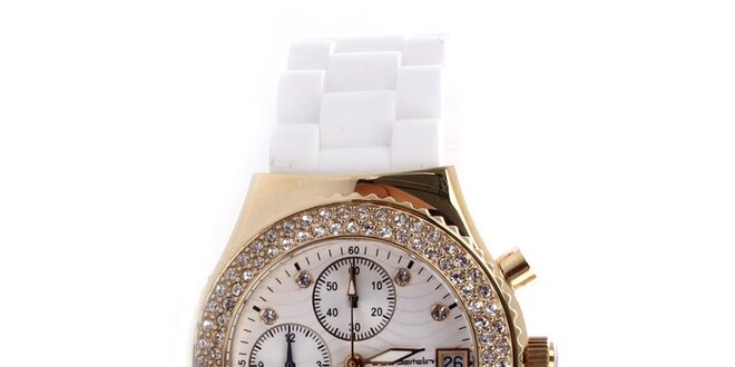 Dámské hodinky s bílým řemínkem a chronografem Yves Bertelin