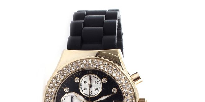 Dámské zlaté hodinky s černým řemínkem Yves Bertelin
