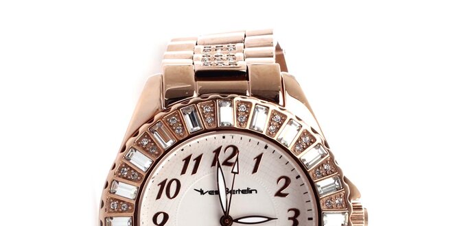 Dámské hodinky s efektem růžového zlata zdobené kamínky Yves Bertelin