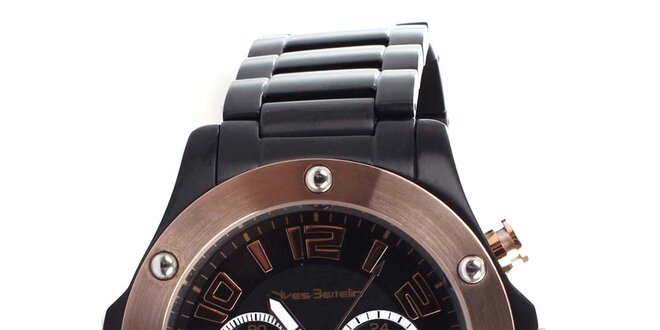 Pánské černé hodinky s bronzovými prvky Yves Bertelin