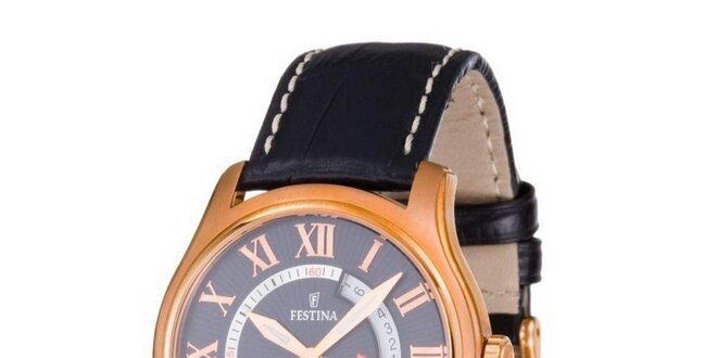Pánské zlato-černé ocelové hodinky Festina s černým koženým řemínkem