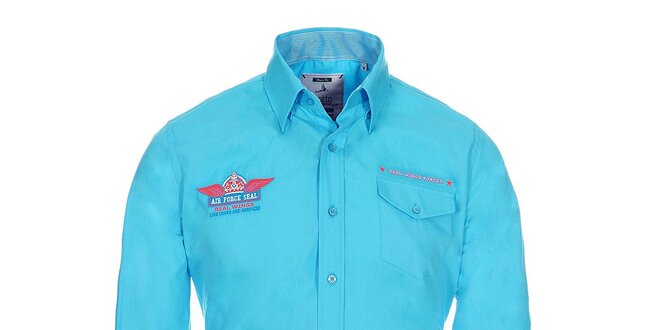 Pánská modrá košile Pontto s ozdobnými prvky a náprsní kapsou