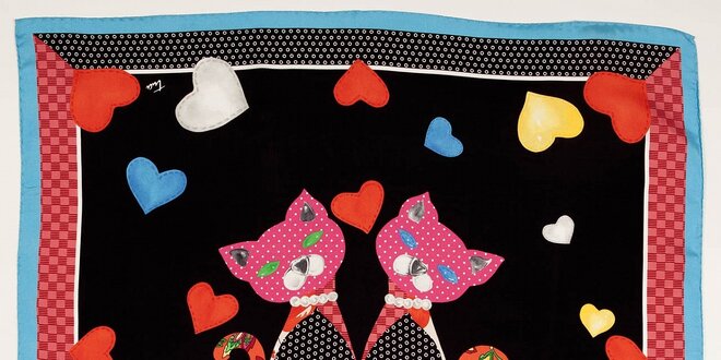 Dámský černý hedvábný šátek Braccialini s kočičkami