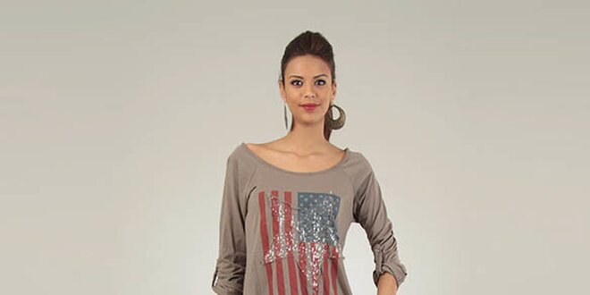 Dámské hnědé tričko Lilly´s Mood s americkou vlajkou a flitry