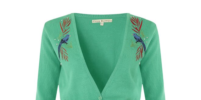 Dámský zelený svetřík s modrými ptáčky Uttam Boutique