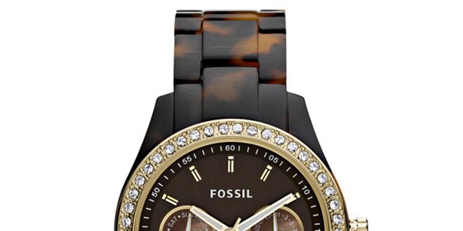 Dámské hnědě žíhané hodinky s kamínky Fossil