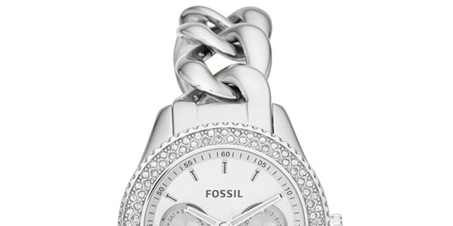 Dámské stříbrné hodinky s řetízkovým řemínkem a zirkony Fossil