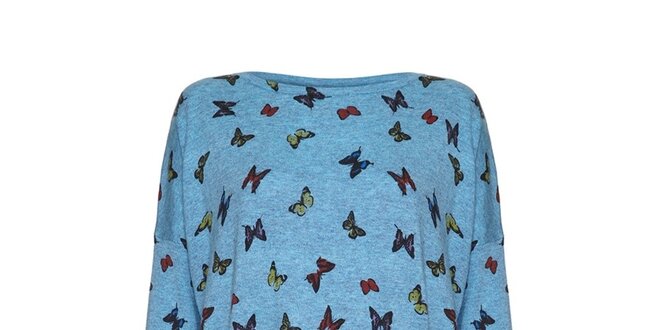 Dámský modrý oversized svetr s motýlky Iska