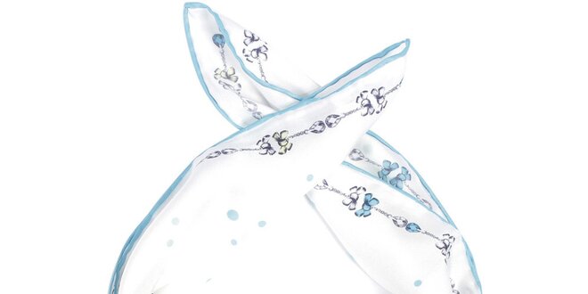Dámský bílý hedvábný šátek Fraas s mašličkami a modrým lemem