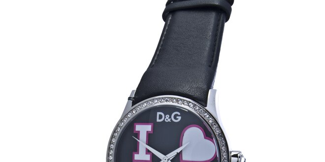 Dámské ocelové hodinky Dolce & Gabbana s kamínky a černým koženým řemínkem