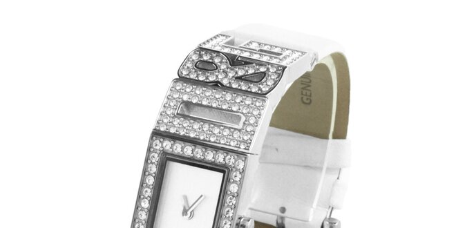 Dámské ocelové hodinky Dolce & Gabbana s kamínky a bílým koženým řemínkem