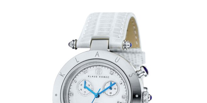 Dámské hodinky s modrými ručičkami a nápisem na lunetě Klaus Kobec