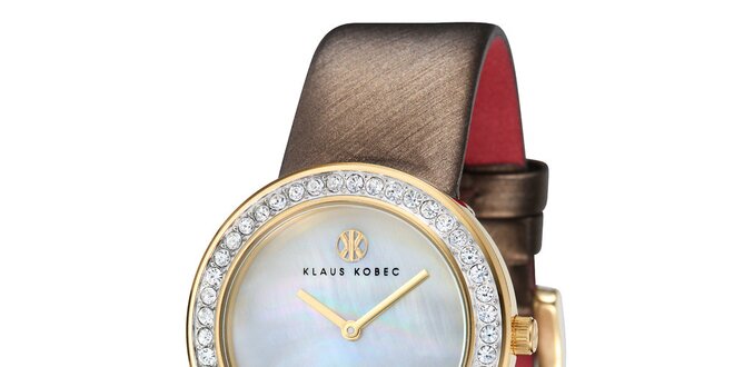 Dámské ocelové hodinky s perleťovým ciferníkem a hnědým řemínkem Klaus Kobec