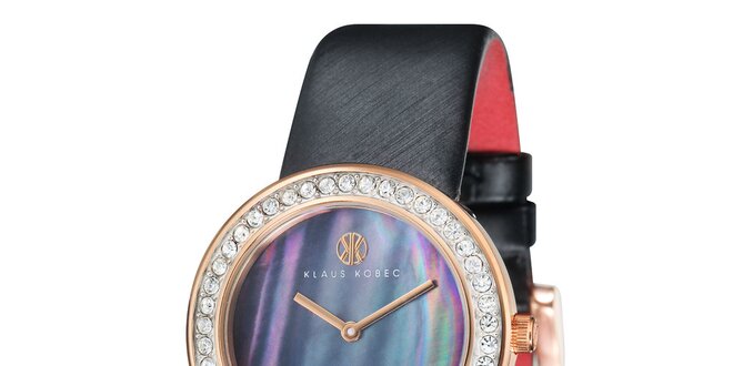 Dámské ocelové hodinky s perleťovým ciferníkem a černým řemínkem Klaus Kobec