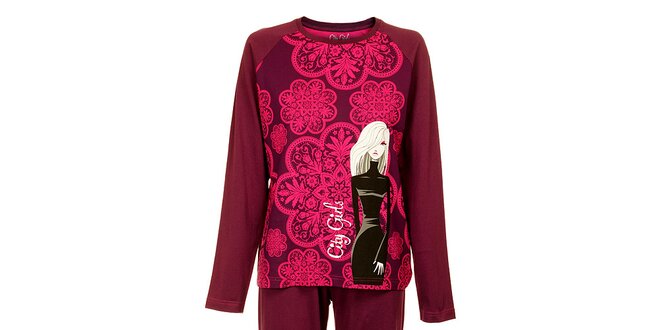 Dámské vínovo-růžové pyžamo Marie Claire s potiskem - kalhoty a tričko