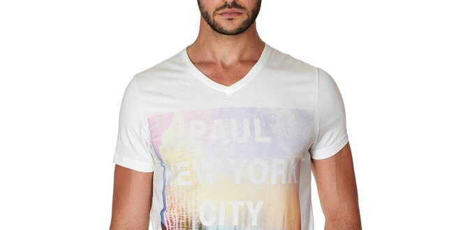 Pánské bílé tričko s barevným potiskem Paul Stragas