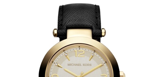 Dámské ocelové hodinky s černým koženým řemínkem a kulatým ciferníkem Michael Kors