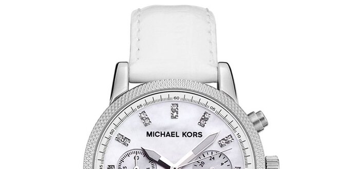 Dámské ocelové hodinky s bílým koženým řemínkem Michael Kors