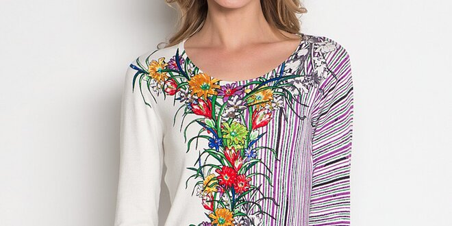 Dámská bílá tunika s barevnými proužky a květinovým vzorem Imagini