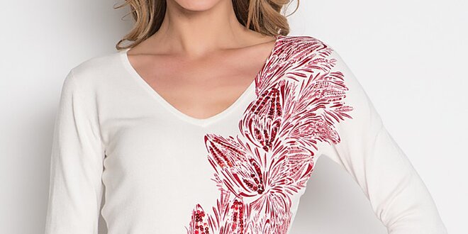Dámské bílé tričko s červeným květinovým vzorem Imagini