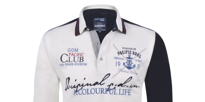 Pánské modro-bílé polo tričko s nápisy a dlouhým rukávem Giorgio Di Mare