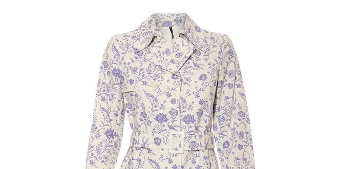 Bílý dámský jarní kabát Naf Naf s fialovým květinovým vzorem