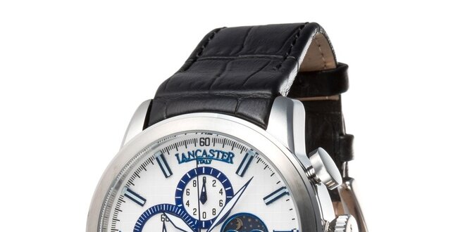 Pánské ocelové hodinky s černým řemínkem a bílo-modrým ciferníkem Lancaster