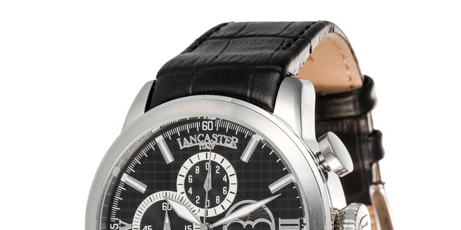 Pánské ocelové hodinky s černým řemínkem a černým ciferníkem Lancaster