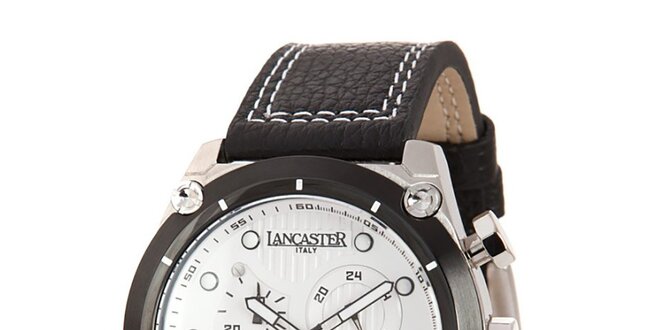 Pánské ocelové hodinky s bílým ciferníkem a koženým prošívaným řemínkem Lancaster