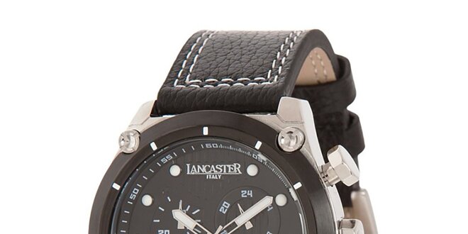 Pánské ocelové hodinky s černým ciferníkem a koženým prošívaným řemínkem Lancaster